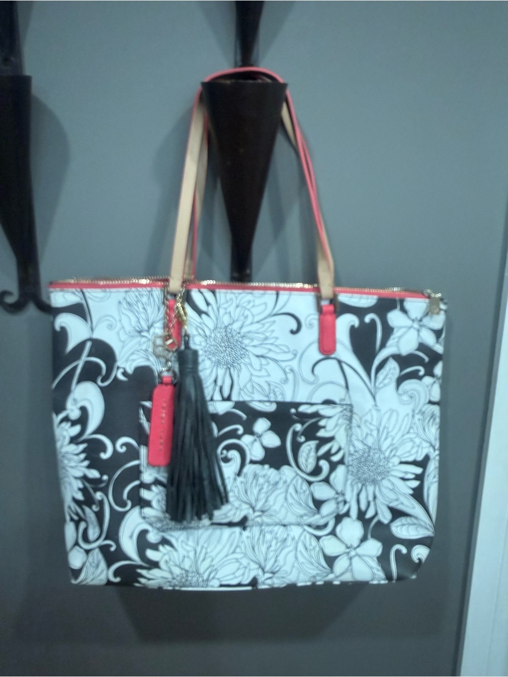 Trina Turk Black and White Floral Tote with Pink Trim